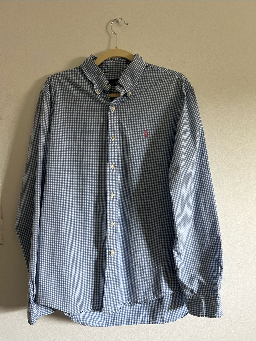 Ralph Lauren Blue Gingham Button-Down Shirt with Pink Pony
